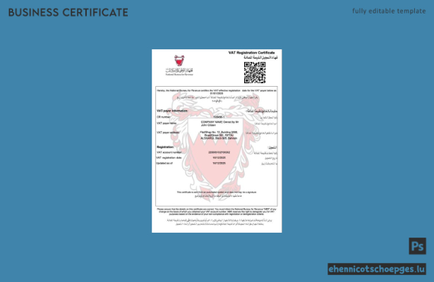 Beispiel- und PDF-Vorschau des bahrainischen Mehrwertsteuerregistrierungszertifikats